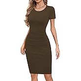 Missufe Women's Long Sleeve Slim Ruched Bodycon Dress 2025 Trendy Fall Casual Round Neck Sheath Knee Length Outfits Clothes