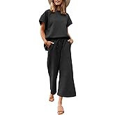 Fazortev Womens 2 Piece Outfits Sweatsuit Short Sleeve Tops and Drawstring Waist Cropped Wide Leg Pants Loungewear Sets