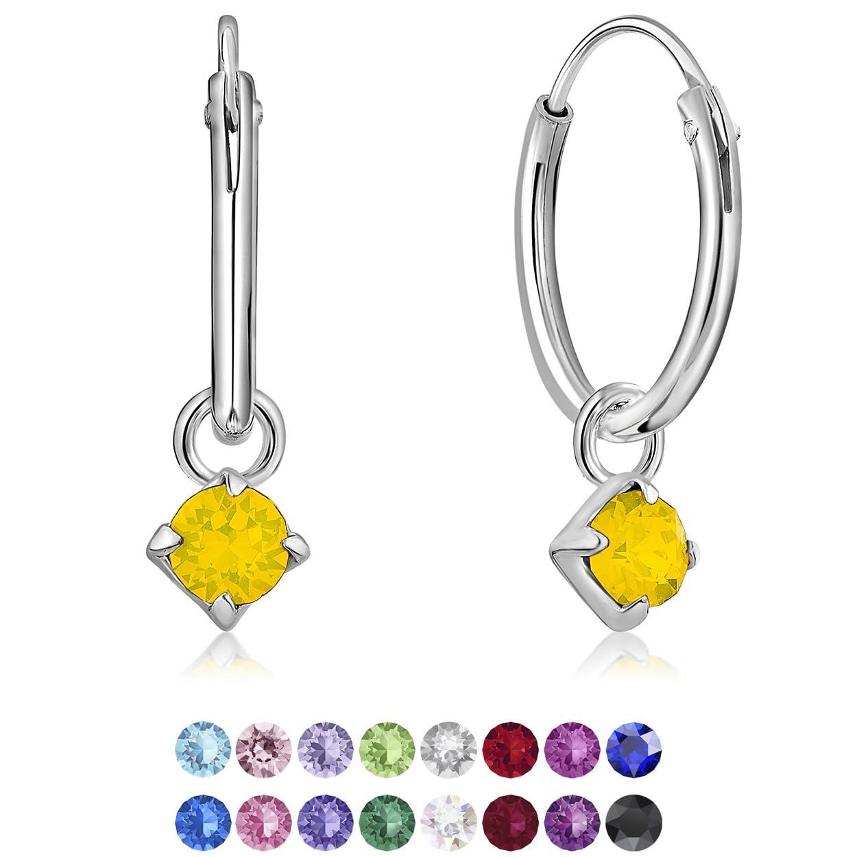 925 Sterling Silver Small Hoops Earrings with Dangling Heart in Glittering Crystals 3 mm - Heart Earrings Opal Colour - Thickness 1.5 mm - Diameter: 14 mm