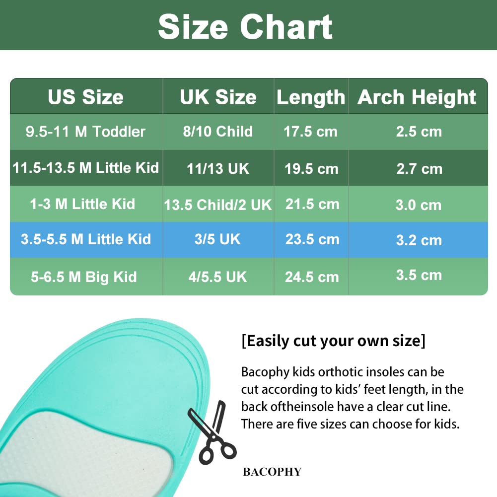 Bacophy Kids Arch Support Insoles Children Orthotic Inserts for Plantar Fasciitis, Flat Feet, Heel Pain Relief, Premium Pu, TPU, Gel Shock Absorption Deep Heel Cup Cushioning Inner Sole