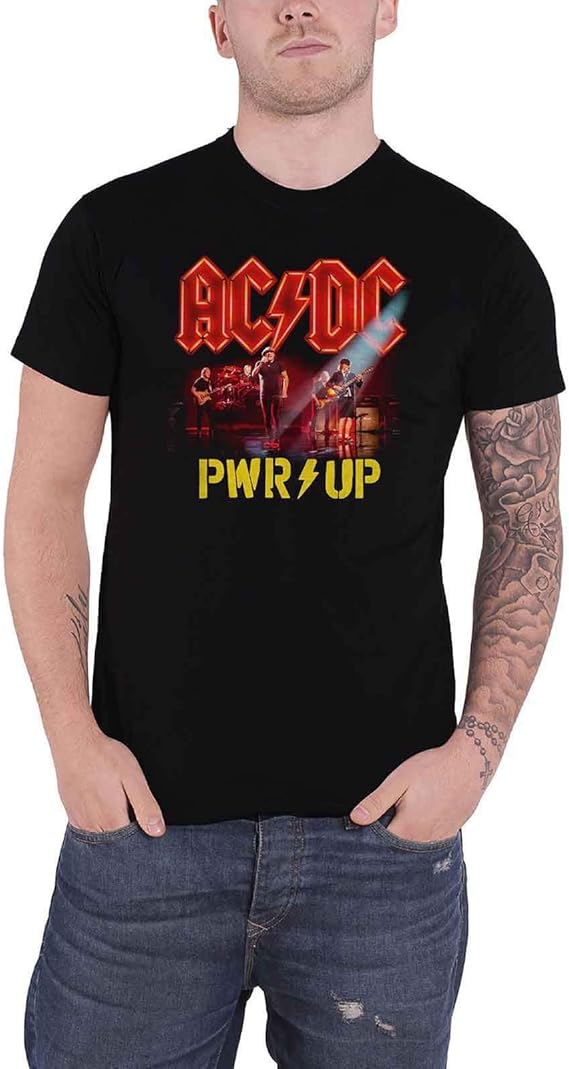 AC/DC T Shirt PWR UP Power Up Neon Live Band Logo Official Mens Black Amazon.co.uk Clothing