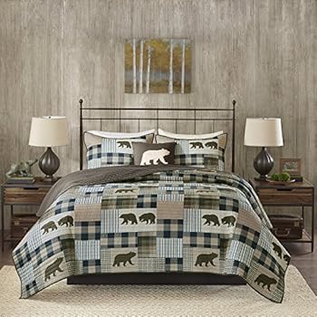 3 Piece Brown Lodge Theme King Quilt Set Rustic Animal Print