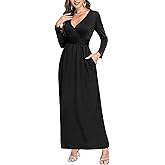 Lacavocor Women's Long Sleeve Deep V Neck Maxi Dress Casual Wrap Waist Long Dress with Pockets