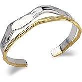 Desnuage Chunky Gold and Silver Cuff Bracelets Sterling Silver Two Tone Open Bangles Double Layer Irregular Wave Hammered Texture Bracelet for Women