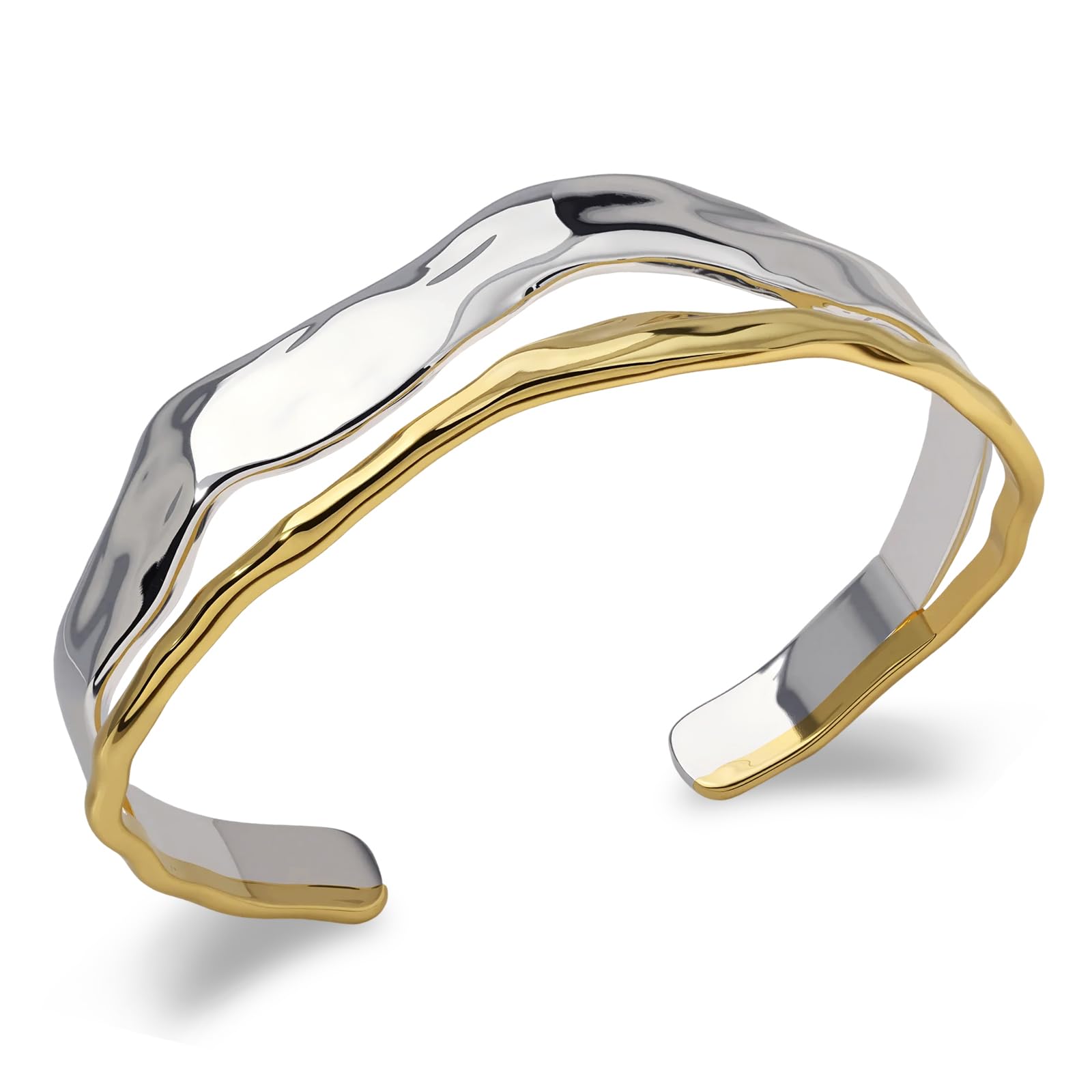 Photo 1 of Chunky Gold and Silver Cuff Bracelets Sterling Silver Two Tone Open Bangles Double Layer Irregular Wave Hammered Texture Bracelet for Women