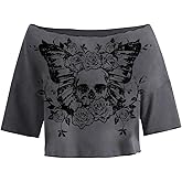 SOLY HUX Womens Y2K Grunge Shirts Short Sleeve Off Shoulder Crop Graphic Tees Goth Skull Tops