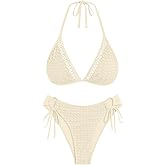 ZAFUL Women's Halter Triangle Bikini Set Crochet Boho Floral Swimsuit Cut Out Tie Side Two Piece Bathing Suit