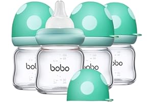 YOHKOH Natural Glass Baby Bottle with Natural Response Nipple, Newborn Anti-Colic Baby Bottles, Wide Neck Mushroom Cap Baby Bottle, Clear (3.4oz (Pack of 4), Blue)