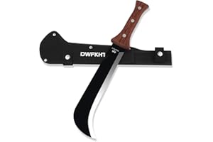 DWFKHT Billhook Sickle Machetes, 15.6" Sharp Machete for Yard Work, Machete for Cutting Trees Heavy Duty, Gardening Machetes with No-Slip Wood Handle and Nylon Sheath, Sickle Knife Machetee for Grass