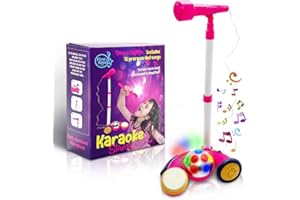 Kids Microphone with Stand, Sing Along Kids Karaoke Machine, Musical Singing Toy, Microphone for Kids with Flashing Stage Lights and Pedals for Fun Sound Effects by First Note USA, Pink
