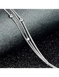 Tobillera de plata de ley con cuentas de bola, cadena fina de tres capas para mujeres y niñas