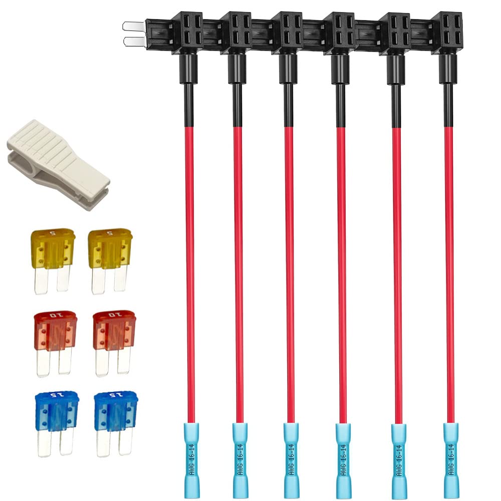 Gebildet 12V 24V Add-a-Circuit Micro 2 Fuse Tap with Heat Shrink Terminals, Piggy-Back Blade Holder, and Wire Harness - 6pcs (5A/10A/15A)