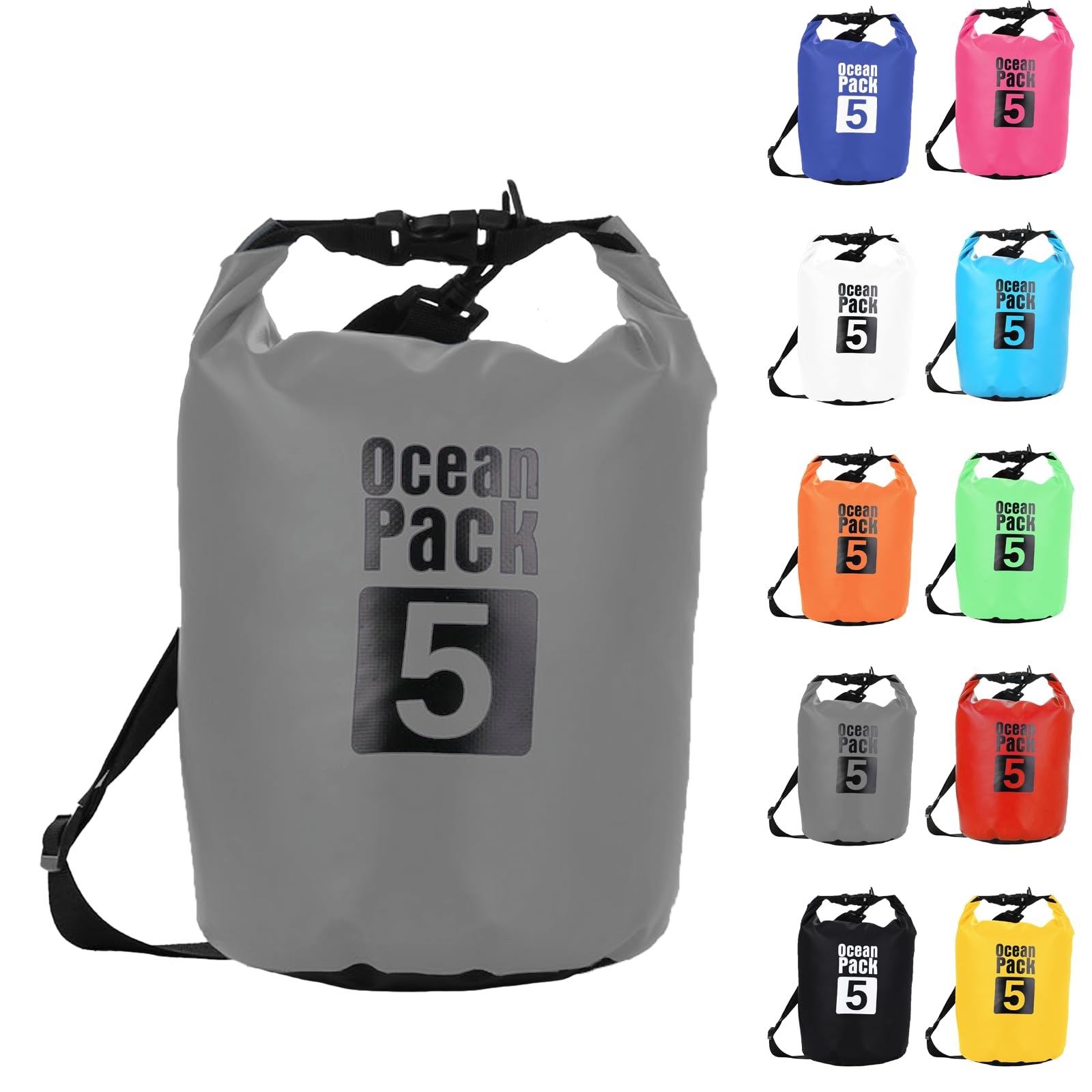 Dry Bag 5L, Boat Dry Bags Grey Waterproof Bag Dry Sack Roll Top Long Adjustable Shoulder Strap 2L/5L/10L/20L/30L/40L for Drifting Boating Kayaking Fishing Rafting Swimming Camping Canoeing Surfing