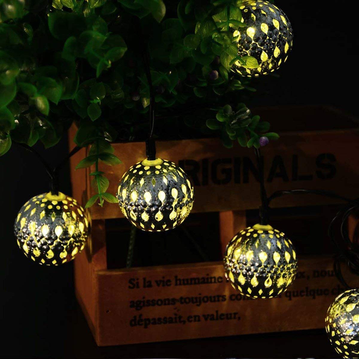 Silver Moroccan Orb String Light,KINGCOO Waterproof 20LED Goble Lantern Solar Dazzling Moroccan Fairy Light with 8 Mode Ambiance Lighting for Outdoor Garden Party Christmas Decorations (Warm White)