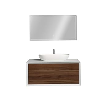 Badmöbel Fiona 900 Weiß matt - Front in Walnuss-Optik - Spiegel: Ohne Spiegel, Aufsatzbecken: 1 x Waschbecken O-540, ohne Ble