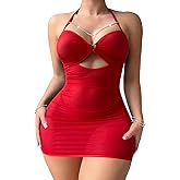 Foxiny Sexy Chain Sheer Mesh Ruched Bodycon Mini Lingerie Dress with Thong 2 Piece Set Outfits