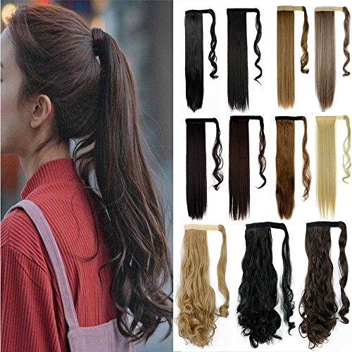S-noilite Long Straight Curly Wavy Wrap Around on Ponytail Clip in Pony Tail Hair Extensions Natural Synthetic Hairpiece(17inchs-curly, dark brown)