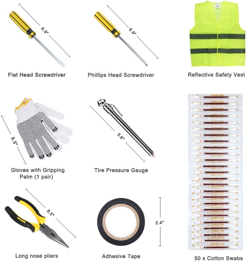 Electop Roadside Assistance Auto Emergency Kit 66 Pieces-in-1 Car Safety Kit with Jumper Cables,LED Road Flare Warning Light,Tow Rope,Triangle,Tire Pressure Gauge and More for Your Car Truck SUV: Automotive