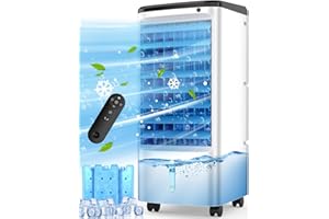 TEMEIKE Evaporative Air Cooler, Swamp Cooler Air Conditioner w/ 12H Timer for Auto-off, 3 Upgraded Ice Packs, 3-Speed Windowless Air Conditioner, Smart Remote, Dual Tank Portable Air Cooler for Room