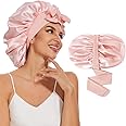 Large Silk Bonnet for Sleeping, Satin Hair Bonnet for Sleeping with Tie Band, Double Layer Satin Bonnets for Women Natural Curly Hair