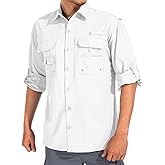 linlon Mens Safari Shirts Long Sleeve UV Protection Hiking Fishing UPF 50+ Quick Dry Cooling Travel Shirts#5066-White-L