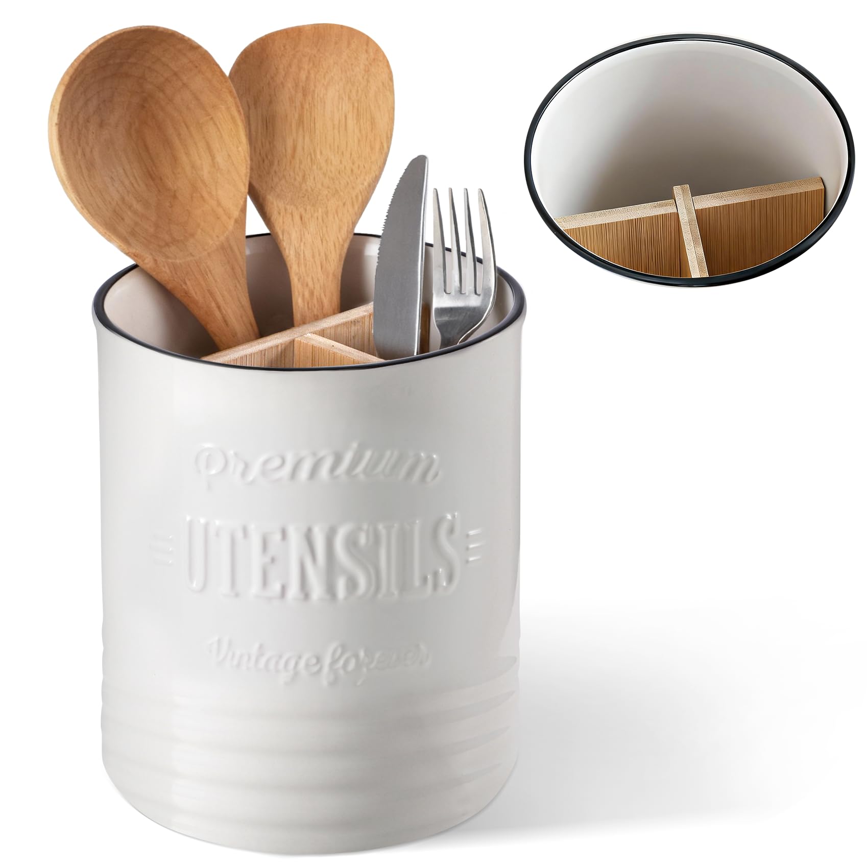 DOWAN 3 Compartment Kitchen Utensil Holder, 7.2″ Extra-Large Ceramic Stable Utensil Caddy, Rustic Cooking Utensil Crock for Farmhouse Kitchen Décor, Utensil Holder for Countertop Image