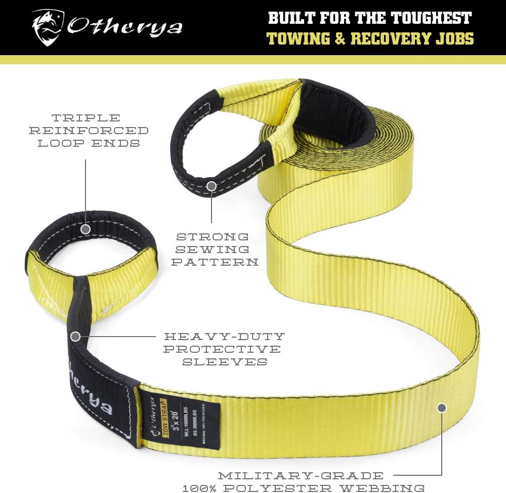 Otherya Tow Recovery Strap 3'' x 20' - Recover Your Vehicle Stuck in Mud/Snow - Heavy Duty Winch Snatch Strap - Protective Loops, Water-Resistant - Off Road Truck Accessory - Bonus Storage Bag: Automotive
