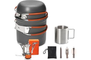 QUIRKMYN Camping Cookware Set Portable Backpacking Stove Kit, Mini Camp Stove with Non-Stick Lightweight Pots Pans and Stainless Steel Fork Knife Spoon for Outdoor Camping Hiking Cooking Gear