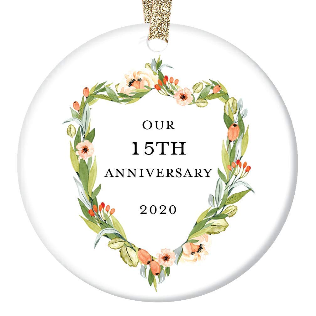 15th Wedding Anniversary Ornament 2020 Fifteenth Christmas 15 Years Together Married Couple Present Husband & Wife Pretty Holiday Ceramic Keepsake 3