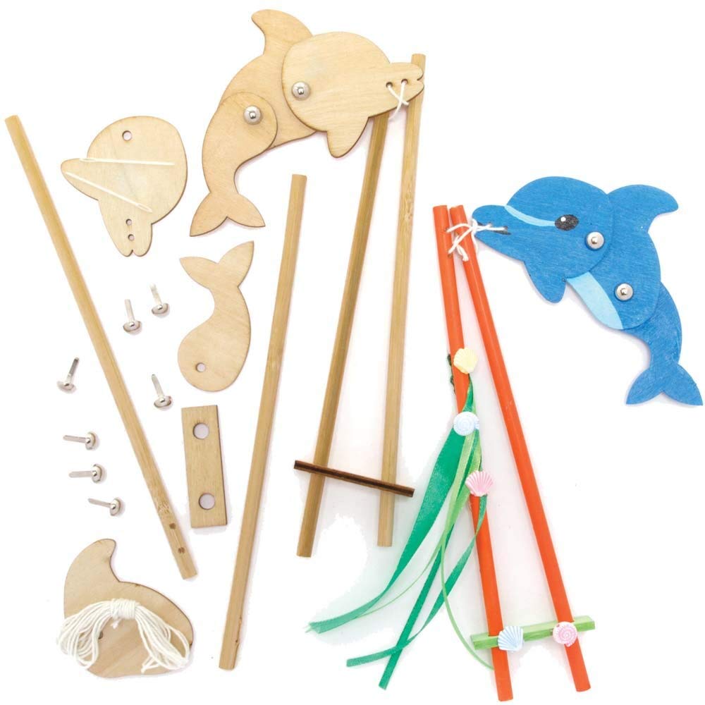 Baker Ross FE237 Diving Dolphin Wooden Puppet - Pack of 3, Wooden Crafts for Children to Decorate and Display, Kids Educational Activity