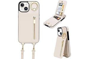 uCOLOR for iPhone 13/14/15 Wallet Case with Card Holders for Women, Crossbody Zipper Protective Leather Case with Strap Wrist Ring RFID Protective 6.1" (Apricot, iPhone 13/14/15 6.1")
