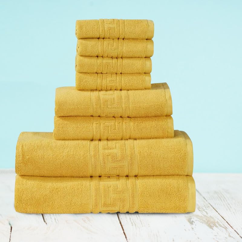 DTEX HOMES 8 Piece Towel Set 100% Cotton 600 GSM, 2 Bath Towels, 2 Hand Towels, 4 Washcloths - Mustard