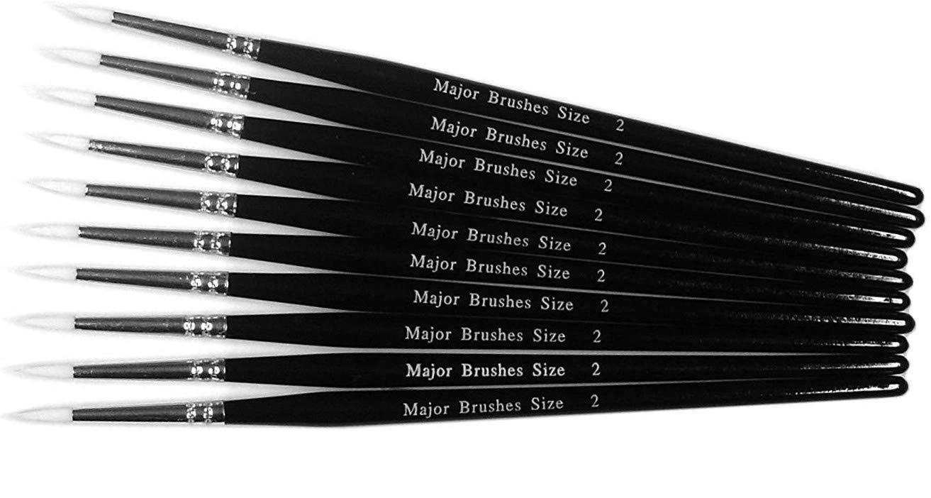 Pack of 10 White Synthetic Sable Substitute Size 2 Artist Watercolour Acrylic Round Brushes, Black Handle