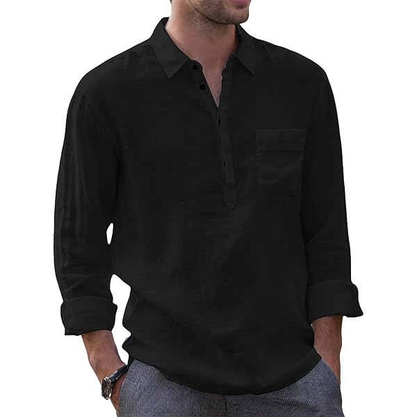 Men's Band Collar Shirt - 100% Linen - Long Sleeve Lightweight Breatha U2013 Olivia Johnsen