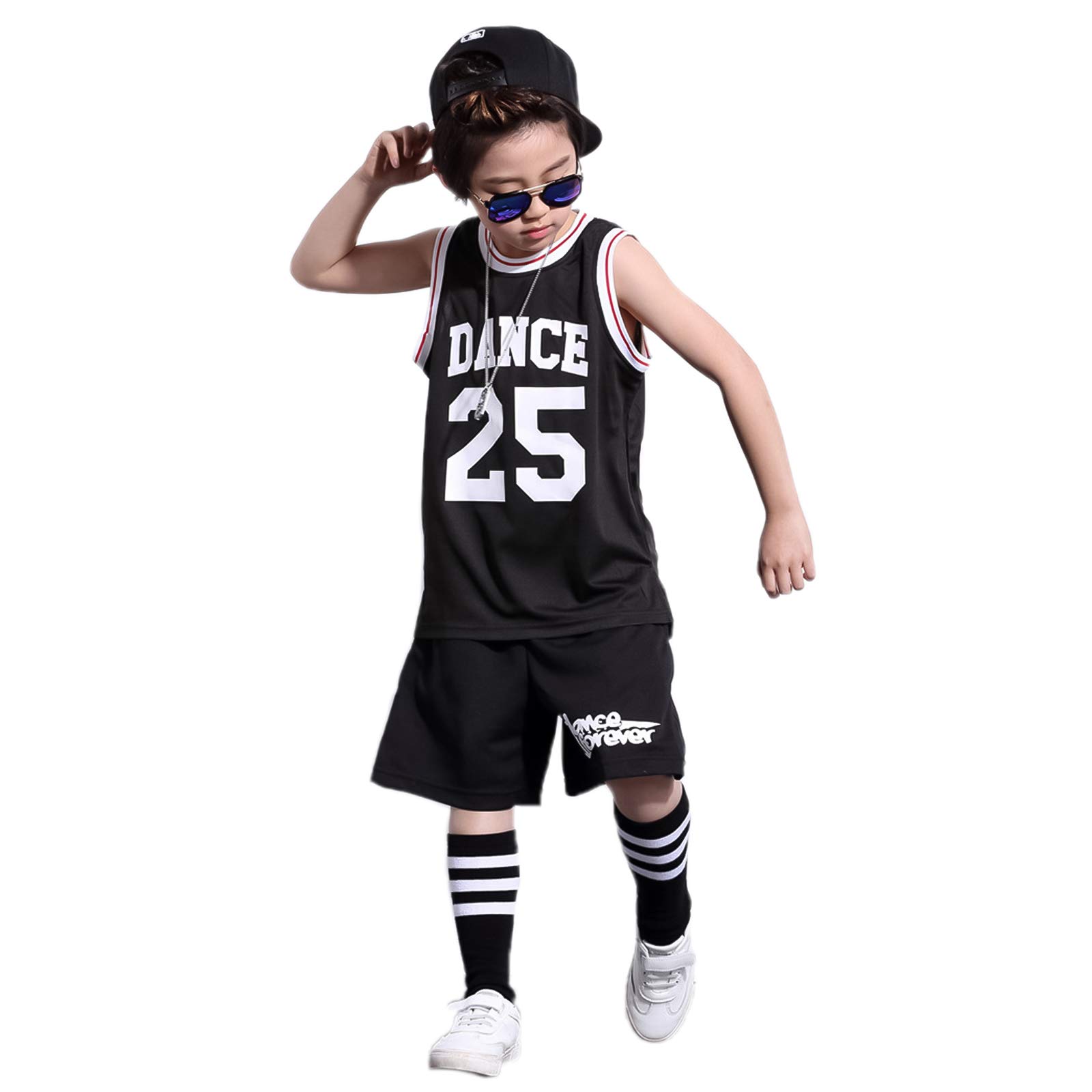 Photo 1 of LOLANTA Boys 2 Piece Basketball Jersey Outfit, Kids Hip Hop Street Dance Costume Basketball Outfits(Black, 4-5)