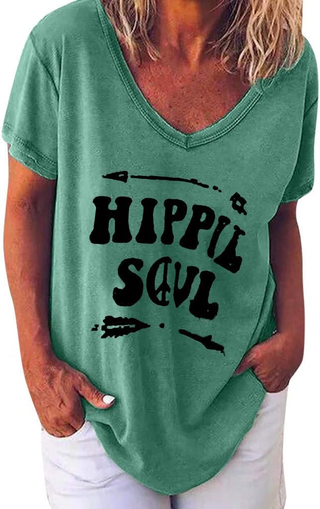Plus Size Womens Casual V Neck T-Shirt Short Sleeve Letter Print Blouse Tops