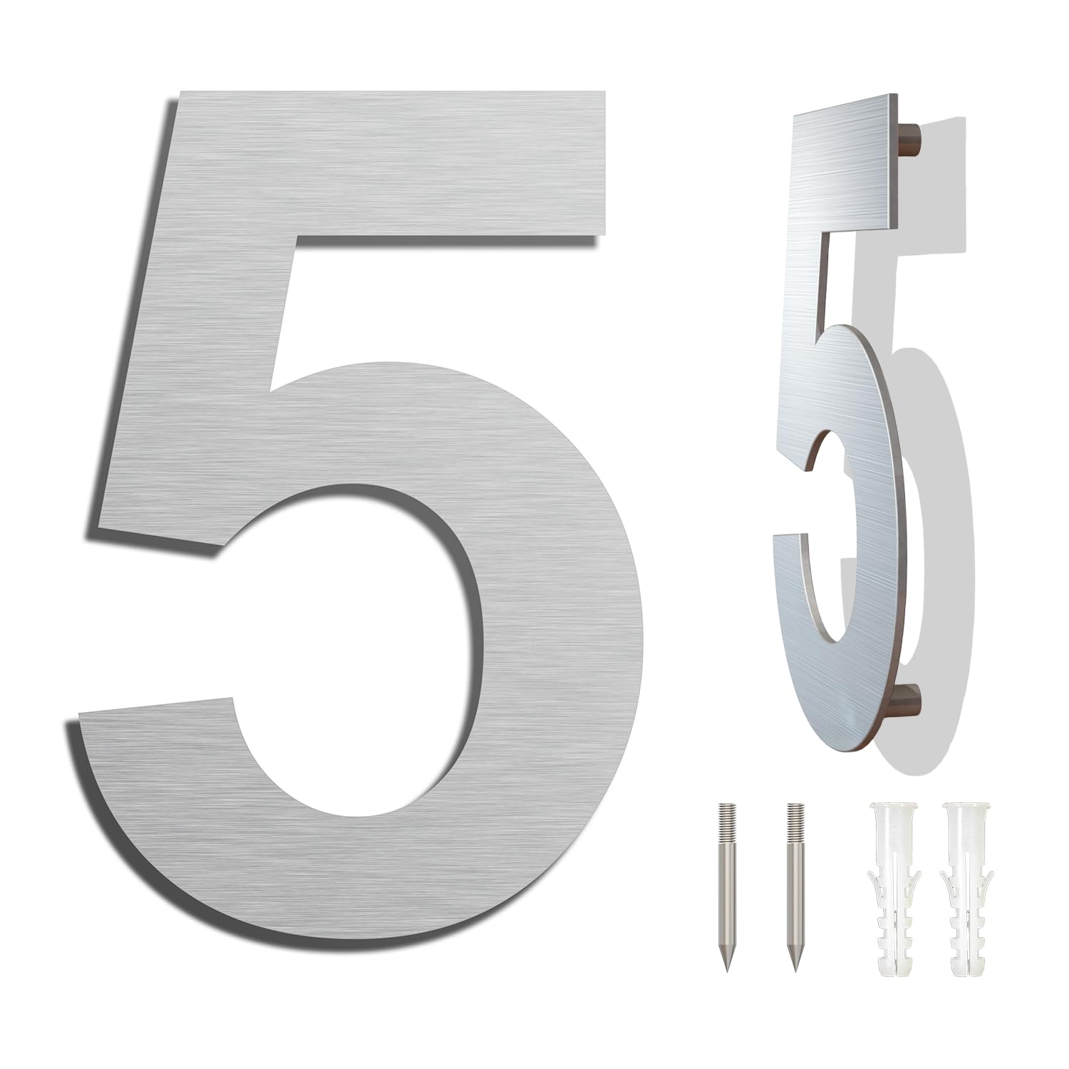 Brushed Modern House Number -6 Inch 152mm Height, Made of solid 304 Stainless Steel, Floating Appearance and Easy to install (Number 5 Five)
