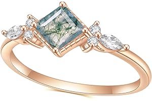Gem's Beauty Green Moss Agate Rings 14K Gold/14K Rose Gold Three Stone Engagement Ring in 925 Sterling Silver Women's Gold Ring Gifts for Her