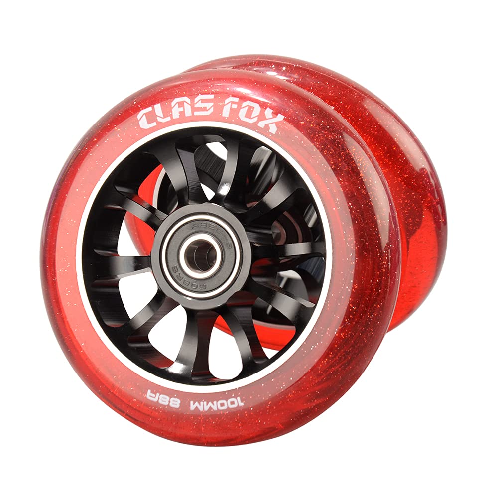 CLAS FOX Pro Stunt Roller Scooter Wheels 100 mm, One Pair with ABEC-9 Ball Bearings, CNC Metal Core (2 Pieces) (Transparent Red)