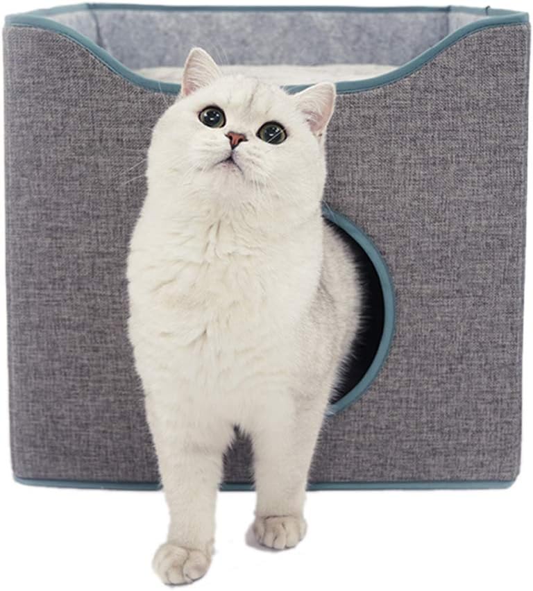 Tofern Foldable Cat House Cozy Cat Condo Reversible Cushion Cat Cube Scratch Resistant Cat Bed Cave Gray : Pet Supplies