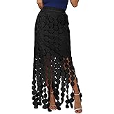 Kissonic Womens Long Fringe Maxi Skirt Summer Hollow Out Boho Elastic High Waist Skirt