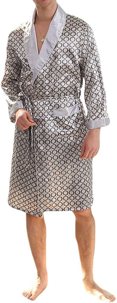 Men's Summer Luxurious Kimono Soft Satin Robe with Shorts Nightgown Long-Sleeve Pajamas Printed Bathrobes