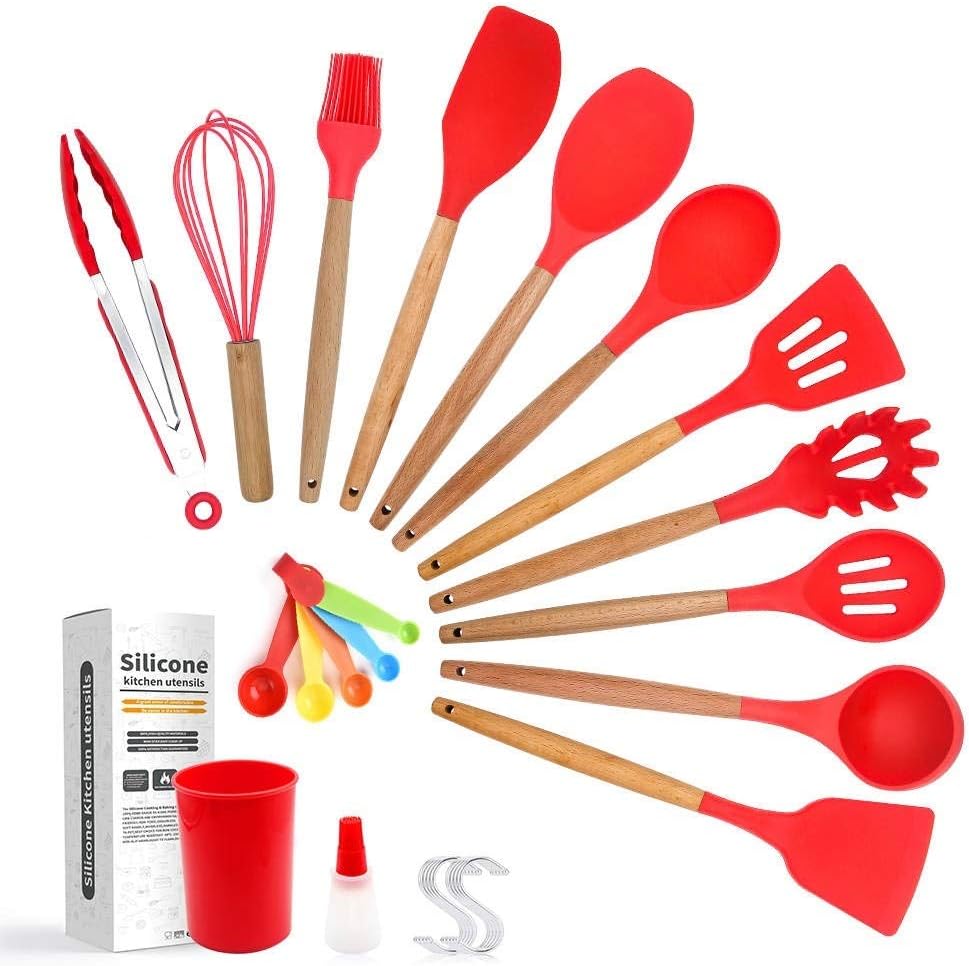 18 Piece Silicone Kitchen Utensils Set (Red), Wooden Handle, Non-Stick Cookware, 18 Piece Set Including 5 Measuring Spoon and BBQ Oil Bottle with Brush Plus 10 Hanging Hooks