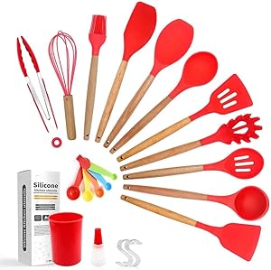18 Piece Silicone Kitchen Utensils Set (Red), Wooden Handle, Non-Stick Cookware, 18 Piece Set Including 5 Measuring Spoon and BBQ Oil Bottle with Brush Plus 10 Hanging Hooks