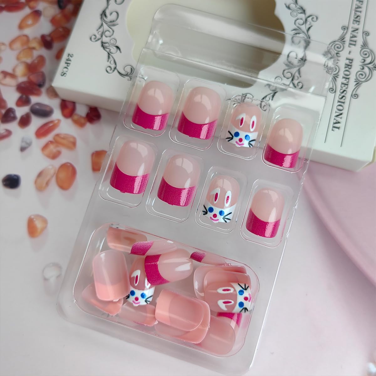 24Pcs Pink French Tip Press on Nails Short Square Easter Fake Nails Cartoon Rabbit Nails Tip Design Cute Full Cover Glue on Nails Bunny False Nails Glossy Stick on Nails for Women Holiday Nails Decor - Image 3