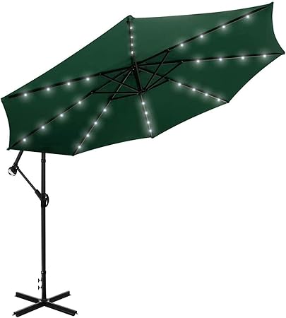 Amazon Com Ainfox 10ft Solar Led Offset Patio Umbrella Cantilever Patio Hanging Umbrella 360 Rotating Outdoor Market Umbrellas With Cross Base 32 Led Lights Green Clothing