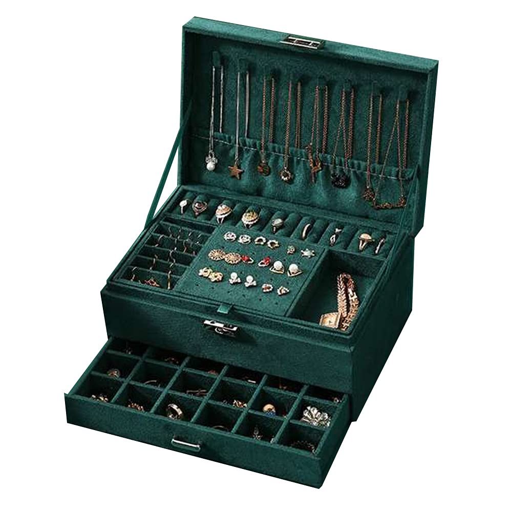 Jcevium Three Layer New Vintage Flannel Jewelry Box Earrings Earrings Rings Necklace Bracelets Jewelry Organiser Storage Case with Drawer for Women Dark Green