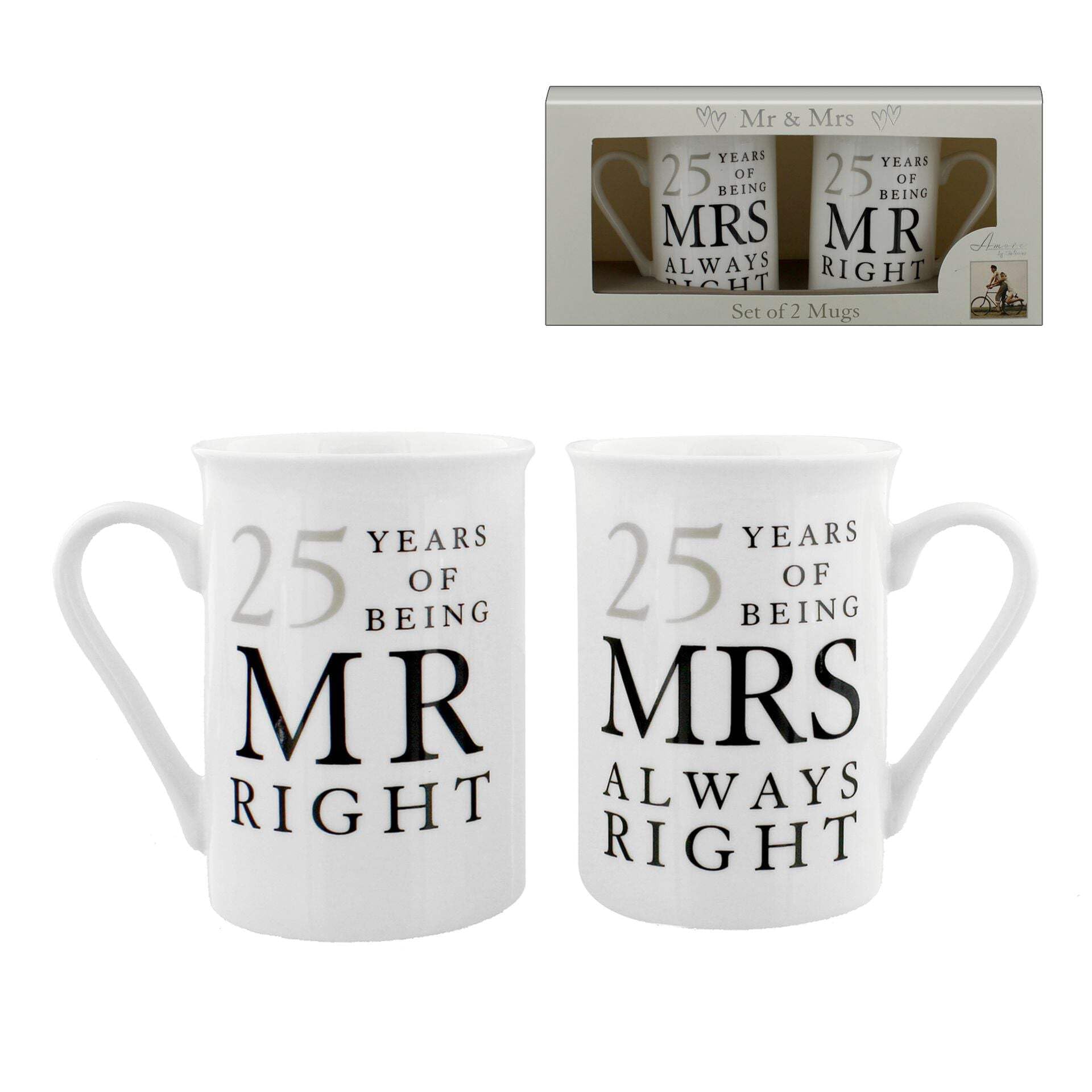 Amore 25th Anniversary Set of 2 China Mugs 'Mr Right & Mrs Always Right' WG67725