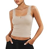 Women's Square Neck Lace Patchwork Sleeveless Ribbed Trim Crop Cami Tank Y2K Tight Fitted Bow Shirts Top