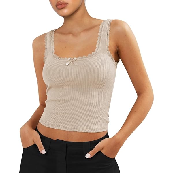Women's Sleeveless Ribbed Tank Top Knit Square Neck Lace